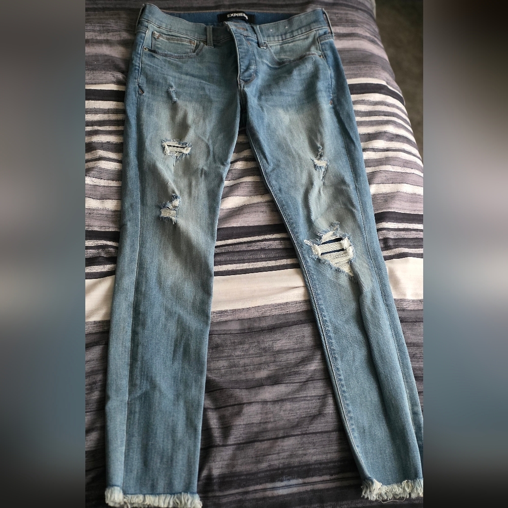 Express Light Blue Distressed Skinny Jeans